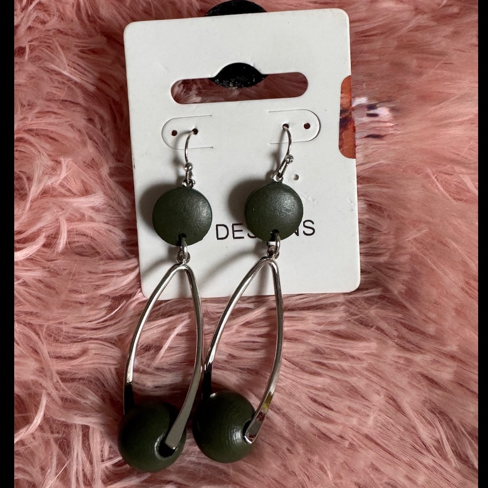 Olive Green Bead Drop Earrings with Silver-Tone Hoops